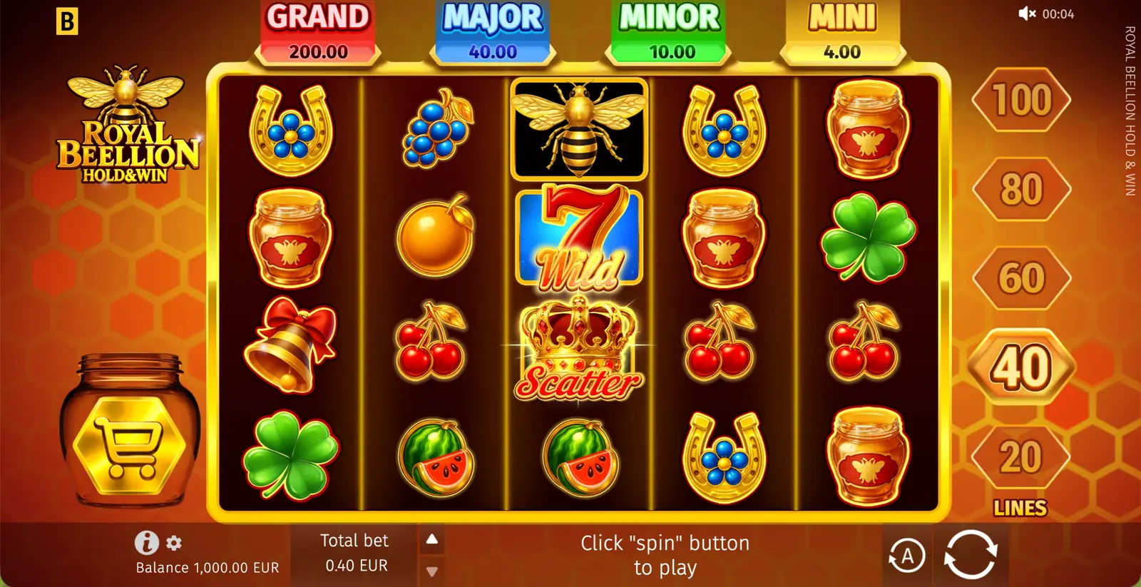 Cuadrícula del juego base de Royal Beellion Hold and Win con los símbolos de la reina de las abejas sobre fondo de panal