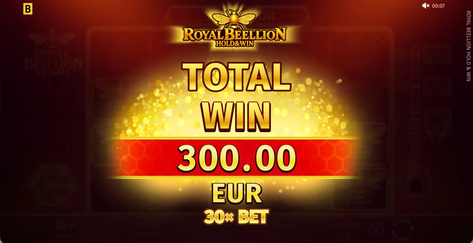 Pantalla de premio total de Royal Beellion Hold and Win con un pago de 300 EUR, 30x la apuesta