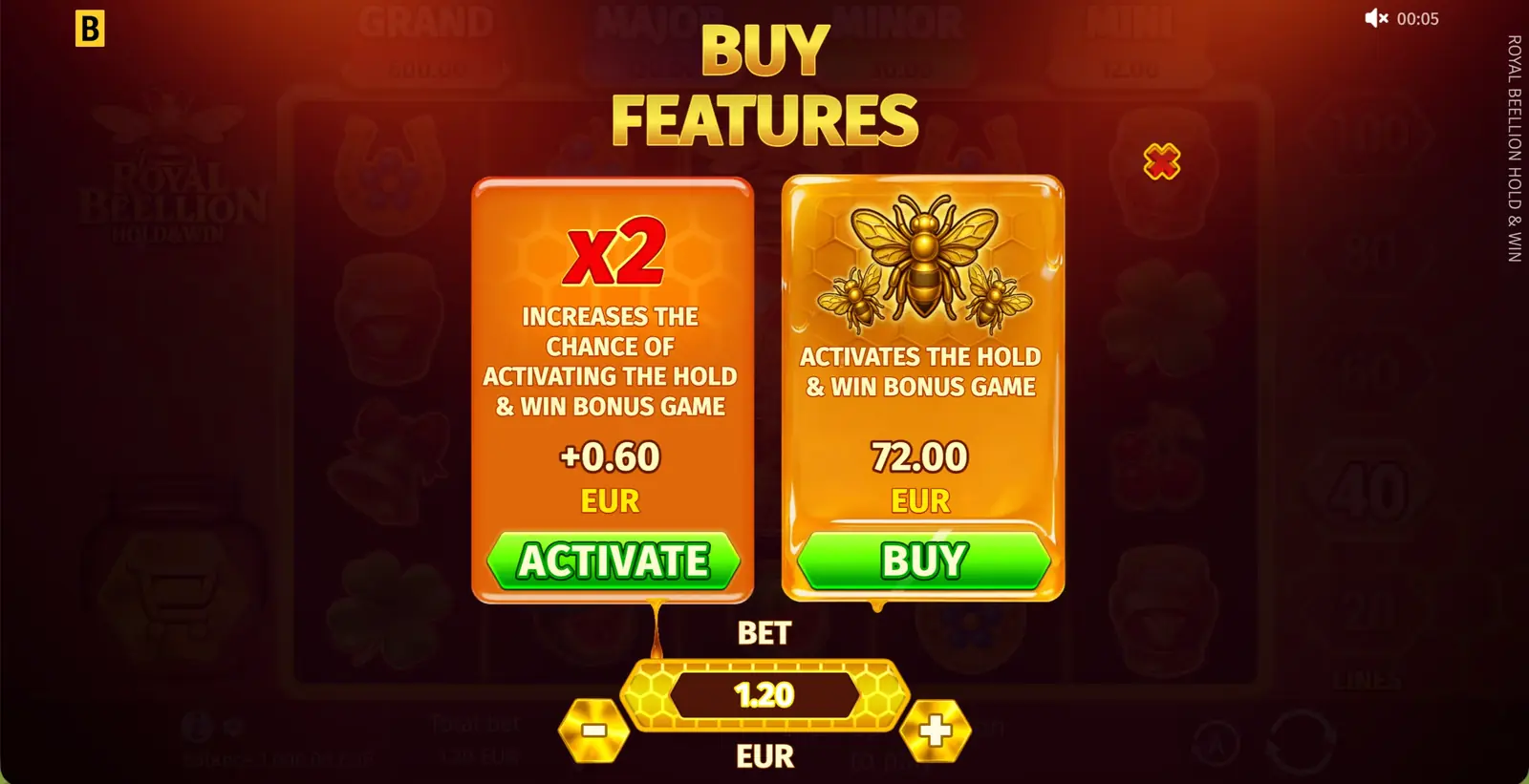 Pantalla de compra Buy Bonus de Royal Beellion Hold and Win con la opción Chance x2 visible